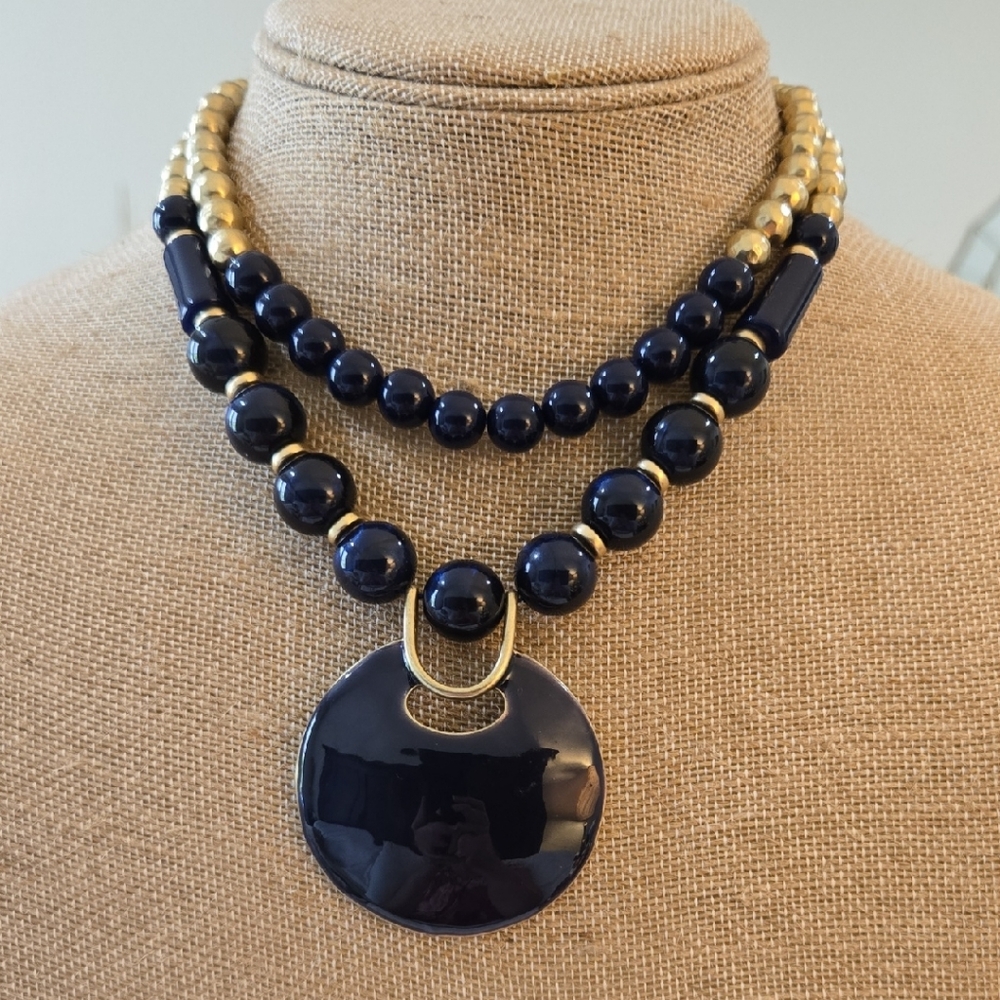 Chico's Blue and Gold Double-Strand Enamel Pendant Necklace